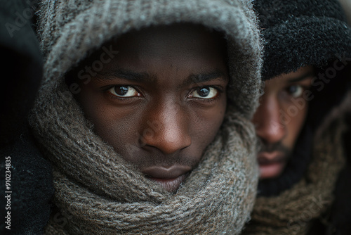 Photograph of a Group of Migrants Huddled Together for Warmth: Capturing the need for shelter.