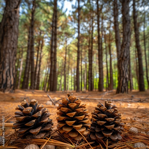 Discover a breathtaking pine forest, where cones adorn the forest floor and a lush canopy filters sunlight onto the towering trunks, creating an enchanting
