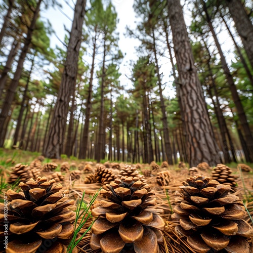 Discover a breathtaking pine forest, where cones adorn the forest floor and a lush canopy filters sunlight onto the towering trunks, creating an enchanting