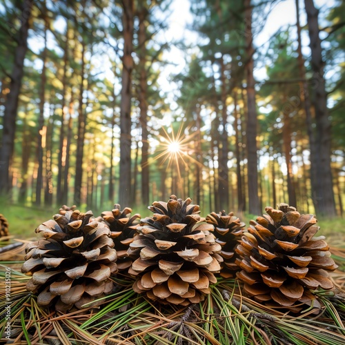 Discover a breathtaking pine forest, where cones adorn the forest floor and a lush canopy filters sunlight onto the towering trunks, creating an enchanting