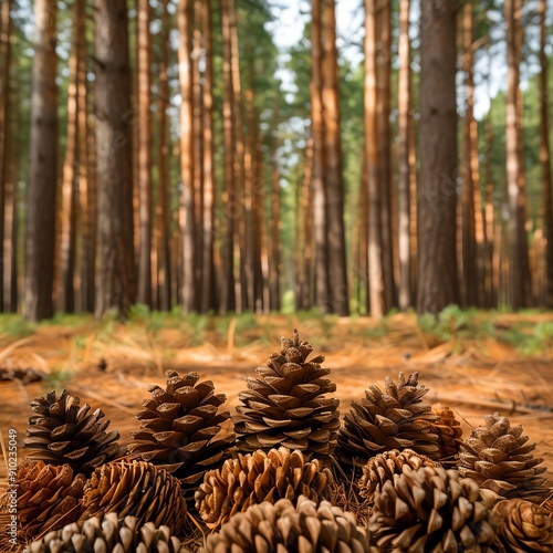 Discover a breathtaking pine forest, where cones adorn the forest floor and a lush canopy filters sunlight onto the towering trunks, creating an enchanting