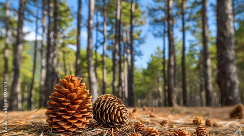 Discover a breathtaking pine forest, where cones adorn the forest floor and a lush canopy filters sunlight onto the towering trunks, creating an enchanting