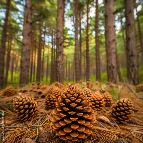 Discover a breathtaking pine forest, where cones adorn the forest floor and a lush canopy filters sunlight onto the towering trunks, creating an enchanting