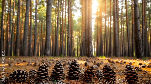 Discover a breathtaking pine forest, where cones adorn the forest floor and a lush canopy filters sunlight onto the towering trunks, creating an enchanting