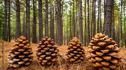 Discover a breathtaking pine forest, where cones adorn the forest floor and a lush canopy filters sunlight onto the towering trunks, creating an enchanting