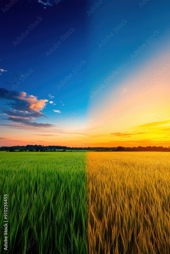 Splendor of twilight over lush green fields and golden wheat under a vibrant sky Splendor of twilight over lush green fields and golden wheat under a vibrant sky