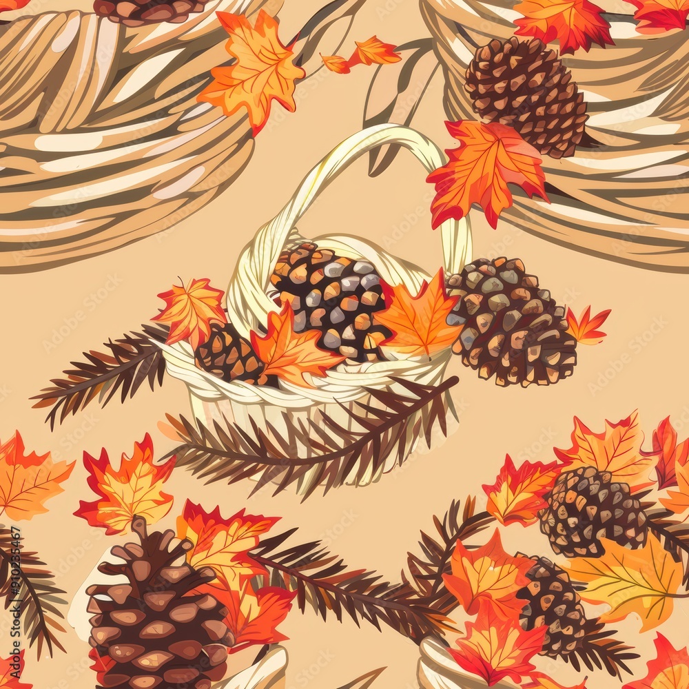 Fototapeta premium Rustic Harvest: Basket Filled with Pine Cones and Colorful Fall Leaves for Autumn Decor