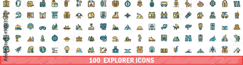 100 explorer icons set. Color line set of explorer vector icons thin line color flat on white