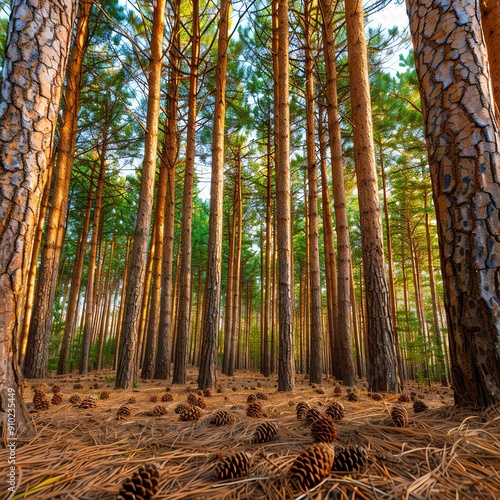 Discover a breathtaking pine forest, where cones adorn the forest floor and a lush canopy filters sunlight onto the towering trunks, creating an enchanting