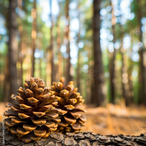 Discover a breathtaking pine forest, where cones adorn the forest floor and a lush canopy filters sunlight onto the towering trunks, creating an enchanting
