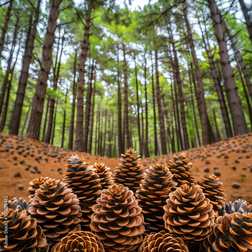 Discover a breathtaking pine forest, where cones adorn the forest floor and a lush canopy filters sunlight onto the towering trunks, creating an enchanting