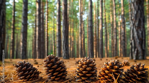 Discover a breathtaking pine forest, where cones adorn the forest floor and a lush canopy filters sunlight onto the towering trunks, creating an enchanting