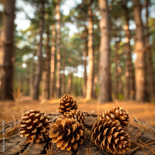 Discover a breathtaking pine forest, where cones adorn the forest floor and a lush canopy filters sunlight onto the towering trunks, creating an enchanting