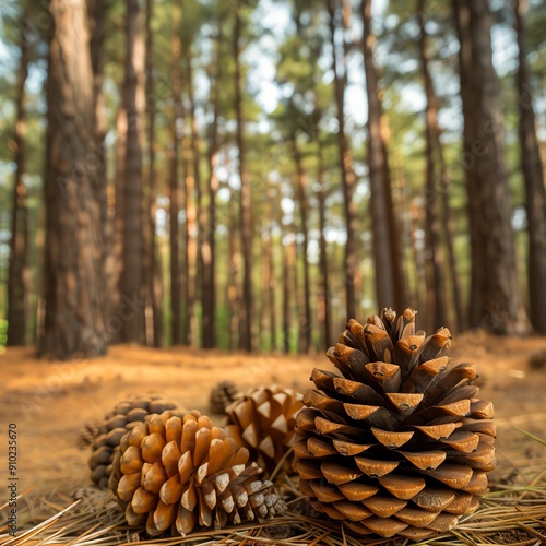 Discover a breathtaking pine forest, where cones adorn the forest floor and a lush canopy filters sunlight onto the towering trunks, creating an enchanting
