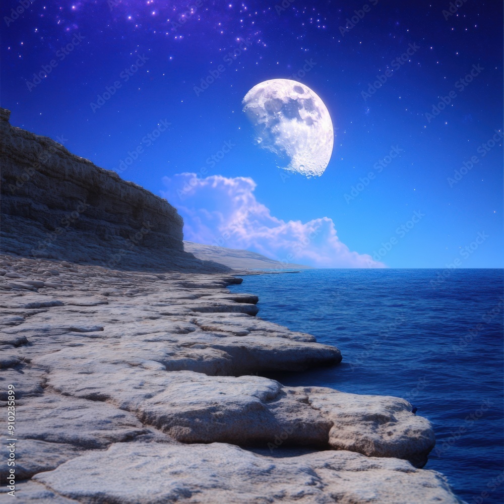 Moonlit shoreline under a starry sky at dusk Moonlit shoreline under a starry sky at dusk