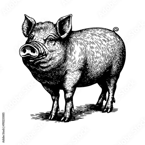 Vector illustration of a pig in the style of a black-and-white vintage engraving with detailed line and texture work, an elegant and refined drawing for print and design