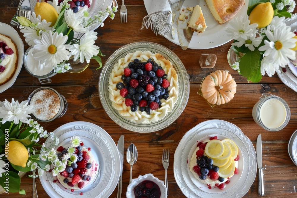 A delicious dinner table filled with pie and other desserts and foods, food photography A delicious dinner table filled with pie and other desserts and foods, food photography