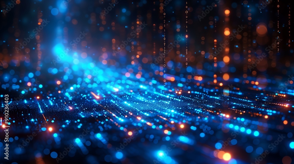Vibrant Blue and Orange Light Particles Flowing in a Digital Landscape at Night Vibrant Blue and Orange Light Particles Flowing in a Digital Landscape at Night