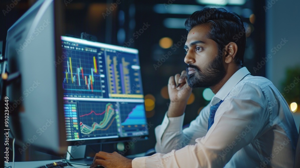 Fototapeta premium Portrait of a South Asian Financial Securities Trader Working on Desktop Computer in a Modern Office. Handsome Indian Accountant Bookkeeping Financial Affairs of a Business Venture