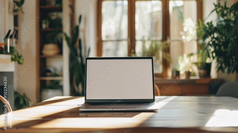 Laptop screen on a dining table at home. Laptop screen on a dining table at home.