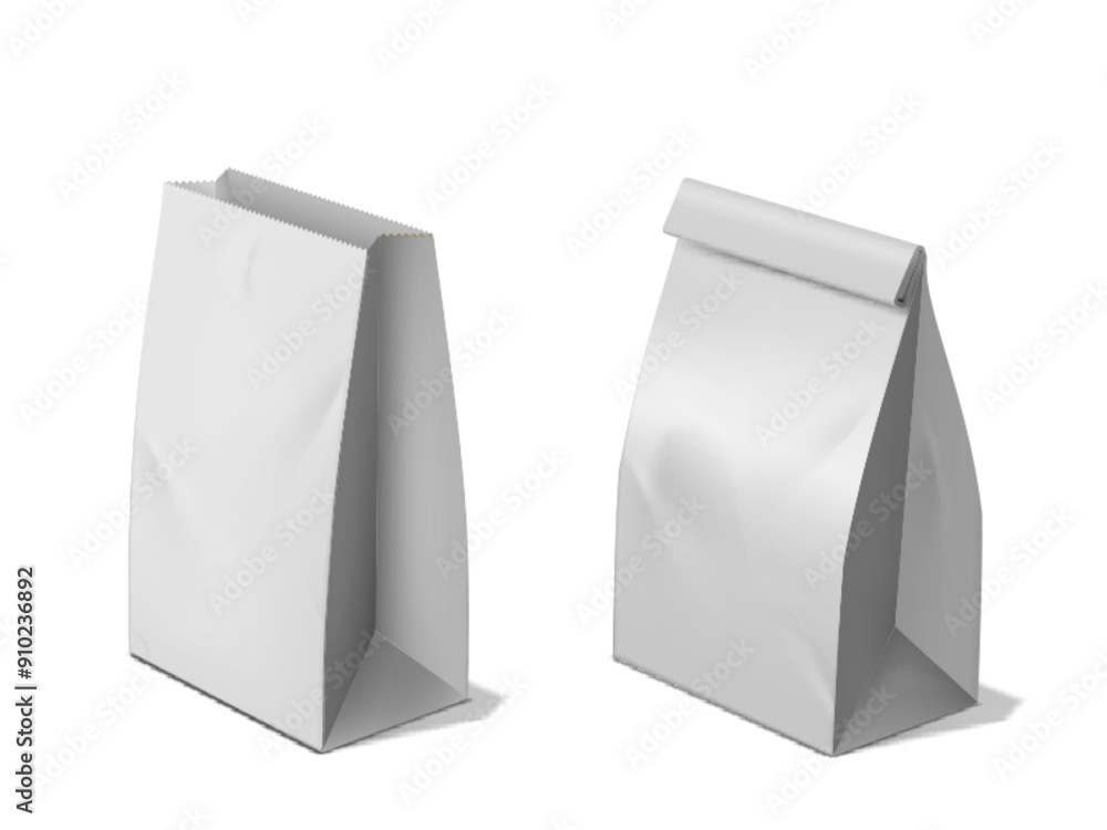 Vector set of 3D mockups of white paper bags on isolated background. Vector set of 3D mockups of white paper bags on isolated background.