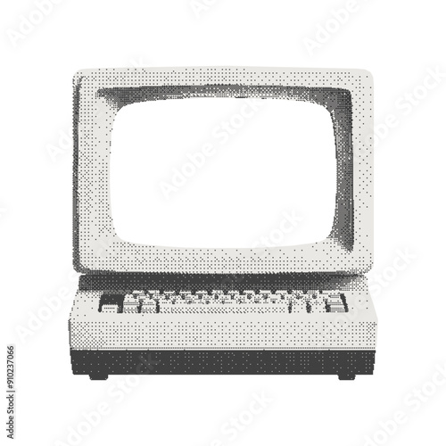 Vintage computer. Collage cutout element for scrapbook, poster, t-shirt. Vector monochrome sticker in a surreal bitmap style with dotted photocopy texture.