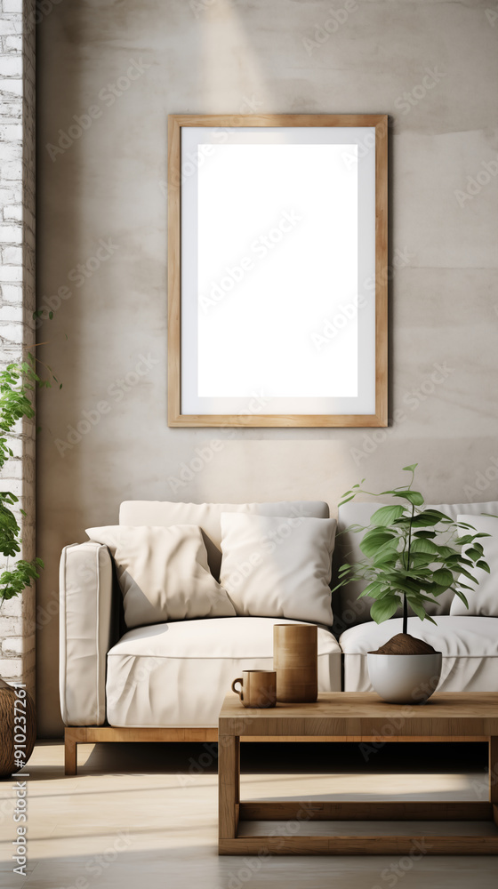 Fototapeta premium Living room framed picture canvas mockup. A cozy living room featuring a light-colored sofa with cushions, a wooden coffee table, and a potted plant. 