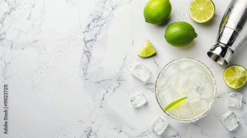 Margarita cocktail lay flat with a salt rim, lime slices, and shaker. photo