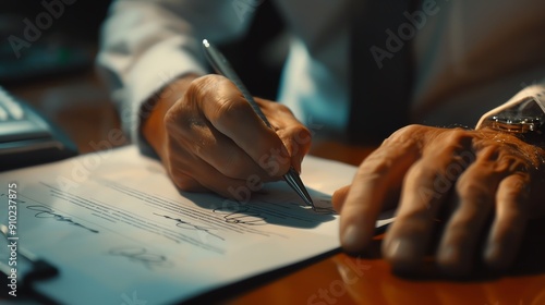 A close-up of a hand signing a document with a pen on a wooden desk, symbolizing business agreements and legal processes.