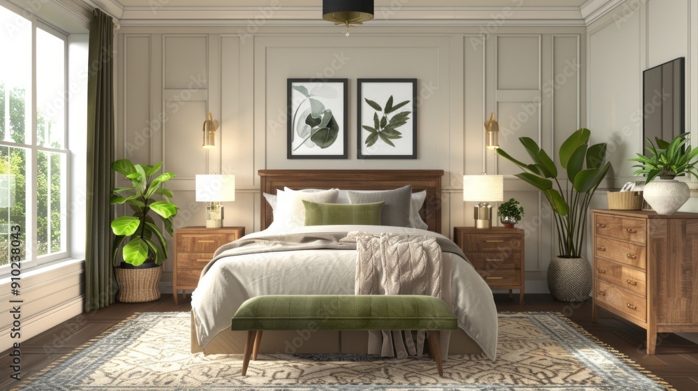 A photorealistic master rustic cosy bedroom with wall frames