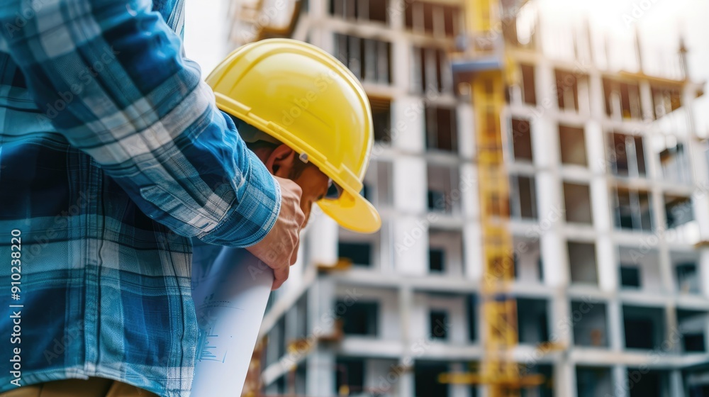 Construction Worker Reviewing Plans in Front of Building Construction Worker Reviewing Plans in Front of Building