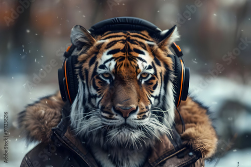 A fierce tiger wearing headphones in a snowy landscape, combining nature with modern technology in a striking visual. photo