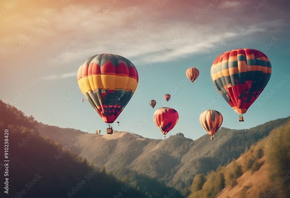 Naklejka premium hot Colorful air mountain flying balloons Travel Balloon Background Tourism Adventure Fly Freedom Vacation Blue Journey Color Sky Nature View Leisure Fun Hotair Ride Outdoor Scenic S