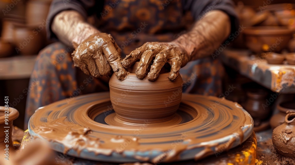 potter shaping clay on a pottery wheel, hands covered in clay, with various handcrafted pottery pieces displayed in the background potter shaping clay on a pottery wheel, hands covered in clay, with various handcrafted pottery pieces displayed in the background
