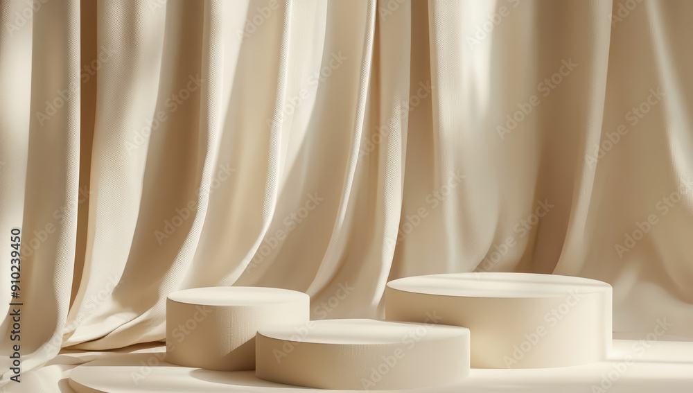Podium 3D product cosmetic silk display background gold luxury fabric. Abstract product podium 3D stage cloth beige platform beauty studio mockup design Podium 3D product cosmetic silk display background gold luxury fabric. Abstract product podium 3D stage cloth beige platform beauty studio mockup design