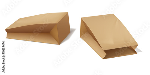 Brown paper lunch bags lies 3D vector, two eco packets, realistic open empty kraft bag package for wrap takeaway product