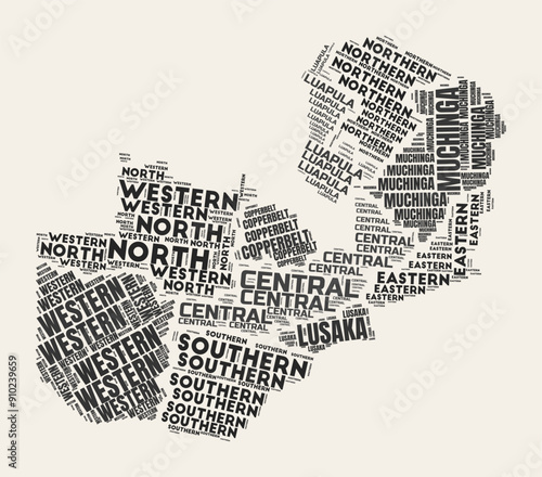 Zambia Word Cloud. Country with regional divisions. Zambia typographic text clouds vector image design in a vintage gazette style. Amazing vector illustration.