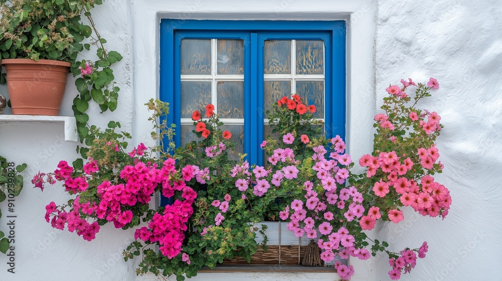 A window with a blue frame and a variety of colorful flowers in a planter. The flowers include pink, purple, and red blooms. The window is situated on a building A window with a blue frame and a variety of colorful flowers in a planter. The flowers include pink, purple, and red blooms. The window is situated on a building