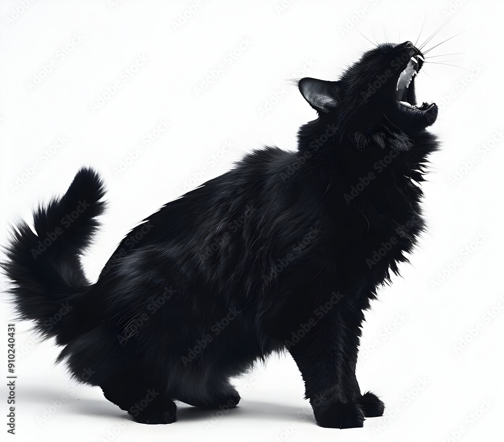 Obraz premium A striking image of a black cat yawning, showcasing its fluffy fur and unique expression against a white background.