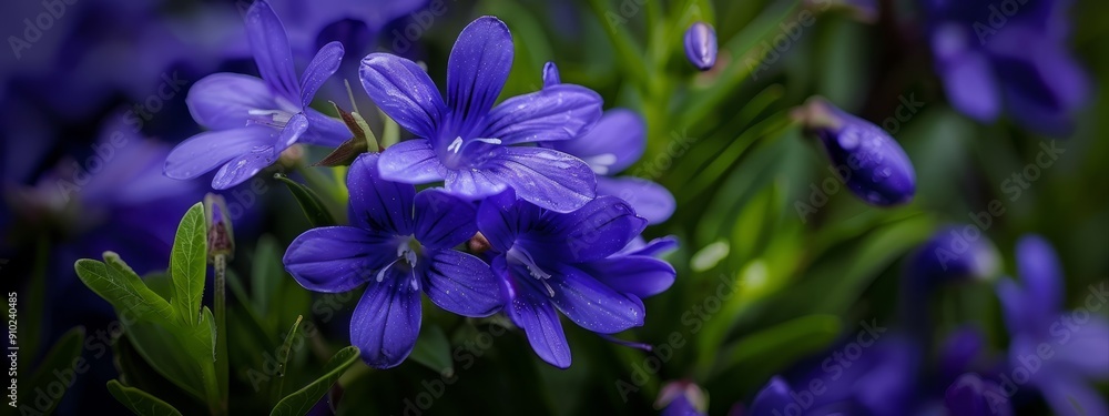 A tight shot of purple blooms and their emerald foliage in the foreground against a backdrop of azure sky A tight shot of purple blooms and their emerald foliage in the foreground against a backdrop of azure sky