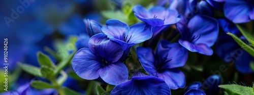  A tight shot of a blue bloom cluster, their green foliage prominent in the foreground, against a backdrop of a tranquil blue sky