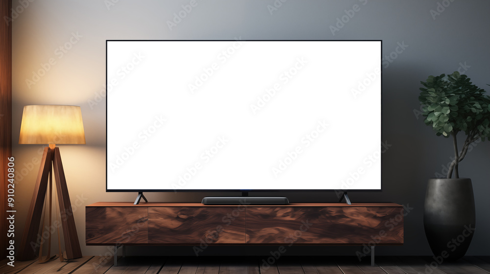 Living room Television mockup. A modern living room featuring a large flat-screen TV mockup on a wooden cabinet, a stylish lamp, and a potted plant. Living room Television mockup. A modern living room featuring a large flat-screen TV mockup on a wooden cabinet, a stylish lamp, and a potted plant.