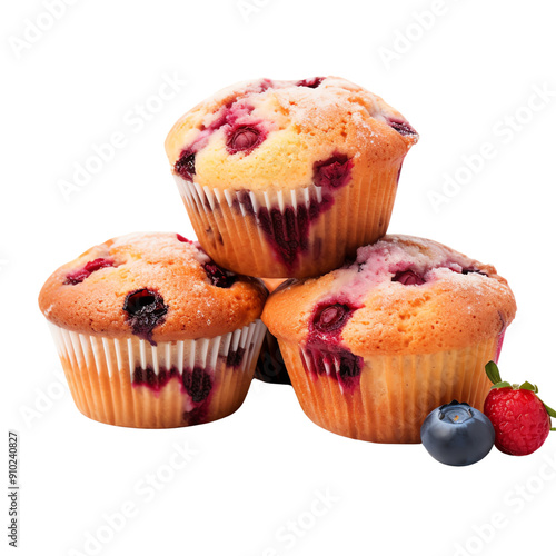 Delicious berry muffins stacked in a tempting arrangement, perfect for breakfast or a sweet snack. Fresh blueberries and raspberries included.