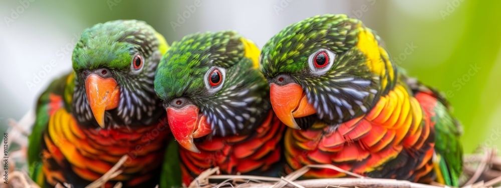 Two vibrant birds perched together on a hay bale in a green field Two vibrant birds perched together on a hay bale in a green field