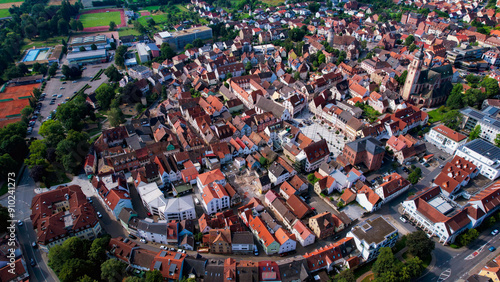 An aerial panorama view around old town of Tauberbischofsheim on a sunny summer day in Germany.