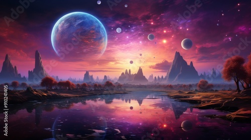 Whimsical fantasy landscapes with floating bubbles at sunset.