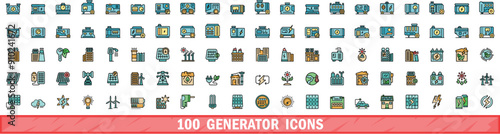 100 generator icons set. Color line set of generator vector icons thin line color flat on white