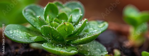  A tight shot of a tiny green plant with dew droplets on its leaves and some on the ground