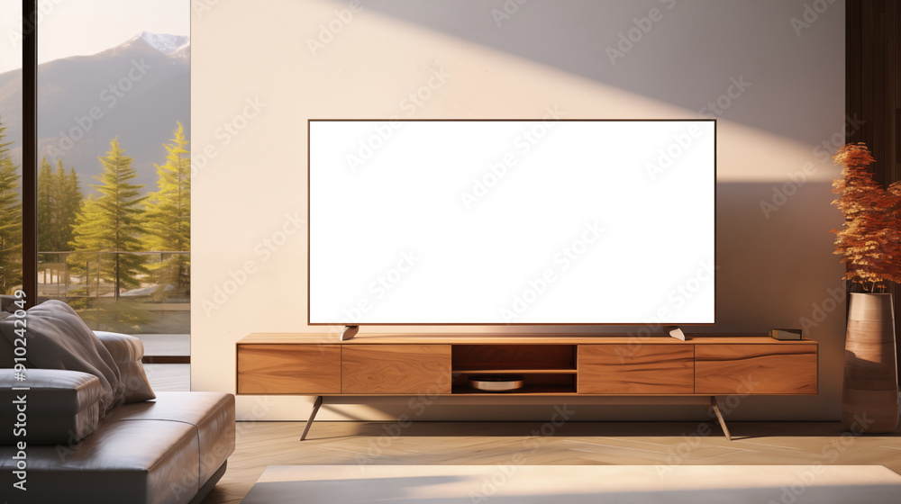 Living room TV mockup. A modern living room featuring a sleek wooden TV mockup stand with a large blank screen television. Living room TV mockup. A modern living room featuring a sleek wooden TV mockup stand with a large blank screen television.