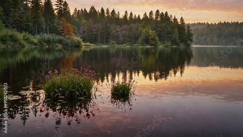 Quiet lake with green trees